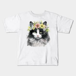 American Curl Cat Flowers Water Color Cat Mom Mother's Day Gift Kids T-Shirt